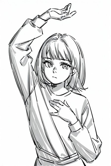 <lora:Sktchst_IL:1> sktchst, solo, monochrome, greyscale, 1girl, simple background, white background, sketch, looking at viewer, bangs, arm up, closed mouth, upper body, hand up, long sleeves