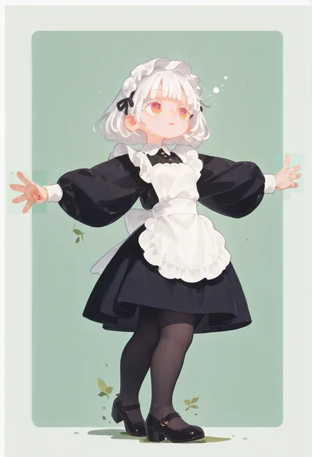 masterpiece, best quality, amazing quality, absurdres, newest, 
1girl with dynamic pose, solo, detailed face, detailed eyes,
(heroic pose, strong wind, dynamic pose,  dynamic angle), 
white hair, bobcut, pastel cyan eyes, blunt bangs, 
tight gossamer very short victorian black maid dress, maid apron, small breast,
(simple machine patterns in green  background with thick white border),
subtle fangs peeking out from slightly parted lips, tongue loosely hanging out, distant gaze, emotionless look, (dazed), 
BREAK,
contrapposto pose, stylish pose, stretched arms, 
 jumping, girl is floating,
 skinny upper body, 
[[chubby thick legs]], bottom heavy, black tights,
pumps,
 thick eyelashes, white long eyelashes, 
ultra-realistic, Flatline, Flat vector illustration, haiz_ai, no lineart, no outline,
pplegs,  tianliang duohe fangdongye, small head, eyefocus,
<lora:haiz_ai_illu:0.7> <lora:flatline:1.5>  <lora:Slider-LimbWidth:1.75> <lora:Slider-LegLength:-1.5>  <lora:v0.04_Concept_pony:0.375> <lora:fangdongye_v1.2:0.8>  <lora:Small_head:0.7> <lora:illustriousXL_stabilizer_v1.72:0.2> <lora:eye_focus:1>