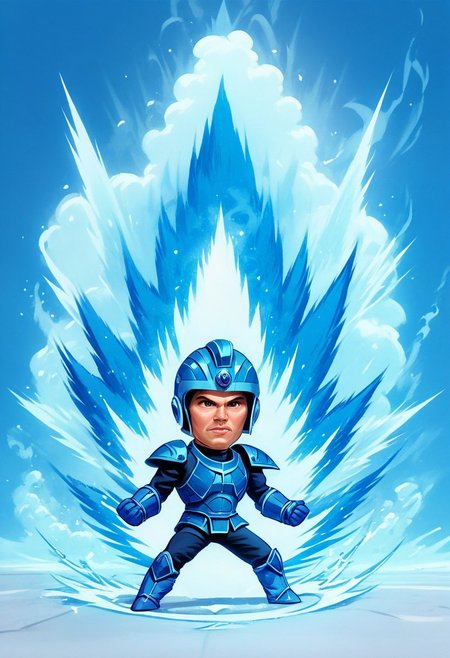 (Megaman, Rockman, gloves, boots, helmet, blue armor, arm cannon:1.1):1.1)(1boy, solo, facing viewer, , score_9, score_8_up, score_7_up, chibi, Ki Charge, aura, shooting stance, white aura, blue aura, arm raising, full body,  zPDXL3 ,SimplePositiveXLv2, masterpiece, best quality, high res, illustration, extremely detailed, 8k, wallpaper, hud_c4ric4ture_Styl, chibi
