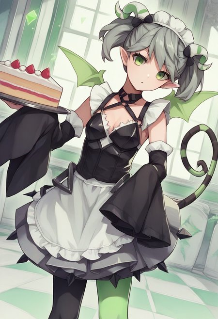 score_9,2d,source_anime,masterpiece,dutch angle,ygoarianna, 1girl, green eyes, green wings, green tail, green horns, green/black thighhighs, detached sleeves, maid, pantyhose, twintails,bent forward, looking at viewer, from front, tray, cake