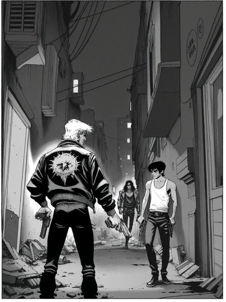 greyscale, monochrome, weapon, gun, multiple boys, male focus, holding, holding weapon, 2boys, holding gun, pants, handgun, building, short hair, tank top, jacket, Punk Rock Jesus, Sean Murphy style, urban alley, night scene, confrontation, pistol, black and white illustration, ink art, gritty atmosphere, comic art,INK