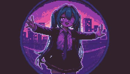 1girl, hatsune miku, hmmonitoring, peephole, very long hair, twintails, bangs, hair between eyes, medical eyepatch, school uniform, collared shirt, necktie, jacket, open jacket, long sleeves, pleated skirt,
outstretched arms, pocket, one eye covered, shirt tucked in, breast pocket, purple necktie, medical eyepatch, glitch, cowboy shot, :d, glowing eyes, half-closed eyes, palms, heart-shaped pupils, 
outstretched arms
outdoors, building, purple theme, abstract background, sunset, cityscape, wind, cowboy shot, 
backlighting, reflection, gradient background, 
rating safe, retro pixel art, pixelated, retro, white outline,
masterpiece, best quality, amazing quality, newest, <lora:Hatsune_Miku_Monitoring:1.0> <lora:midnight_girls_r_-_pixel_art_style:1.0>