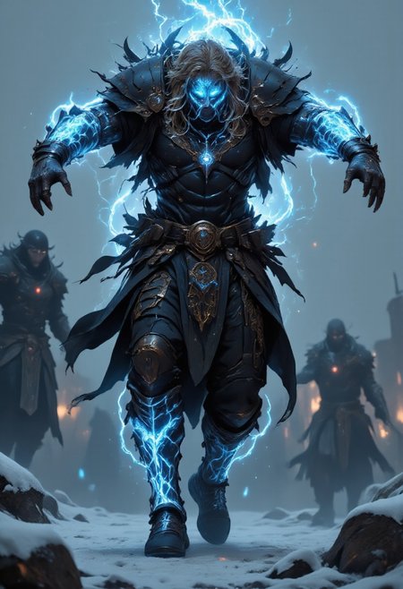 UHD 32k epic fantasy movie still, Full-body portrait, low-angle cam, HDR, RAW. photograph. angry blond Viking man god of Thunder dynamic leaping at camera holding Mjölnir overhead, lightning striking Mjölnir and he glows with lightning aura and blue lightning bio ink arcane tattoos mad-arcnsmbls, he has glowing tattoos on his arms and legs, snow on medieval battle background, snowing, high action pose, correct digits, fantasy, impossible jump, epic scale, Stunning visuals, Texture, aidmafluxpro1.1, Cinematic style, Beauty, Realism, Photorealism, Chiaroscuro, High quality, vikingpunk, viking_punk, ArsMJStyle