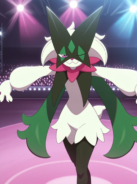 masterpiece, best quality, amazing quality, very aesthetic, absurdres, newest,  anime screenshot anime coloring, <lora:MeowscaradaIllust:1>masquernyaillust, pokemon (creature), furry, solo, no humans, smile, pink eyes  standing,  smug, wink, outstretched arms,  stage,  stage lights,  reflector