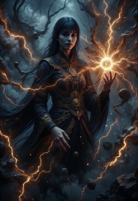 auralora, Dark Moody Atmosphere, Avant-garde, painting, evil, unsettling, nightmare, best quality, masterpiece (Luis Royo style drawing), Mystical light, electrical energy, Fog. female oriental necromancer mage, evil and mystical, long hair, bangs, with robes of black cloth with golden arcane embroidery, a ball in one hand emitting an evil aura, evil spirits manifesting around her