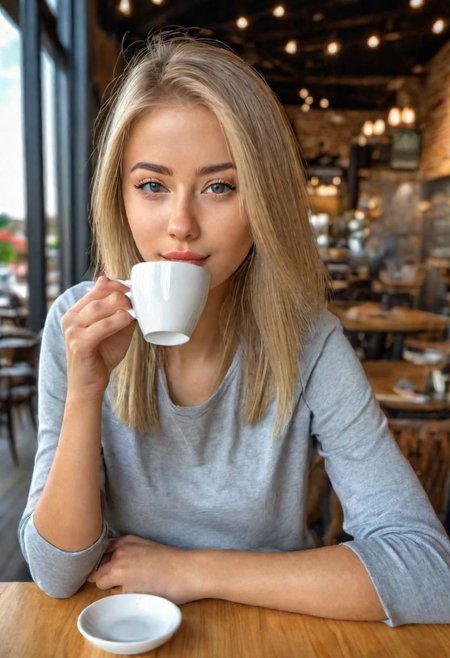 (masterpiece)
a beautiful blond girl drinking coffee, 
coffe shop background, 
HDR, 8k, trending on artstation,