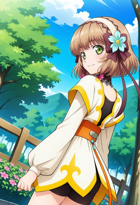 park, trees, flowers, village in the background,
BREAK,
light smile, from behind, looking back,
cowboy shot, dynamic angle,
BREAK,
<lora:leiax2_illustriousXL_v01:0.9>
leiax1, brown hair, green eyes, short hair, hair ornament, hair flower, hair ribbon, 
choker, short dress,  white dress, long sleeves,  black bike shorts,
brown footwear,, source_anime, very aesthetic, anime coloring, masterpiece, 
best quality, amazing quality, ultra detailed, very aesthetic, 
detailed background, 
BREAK,