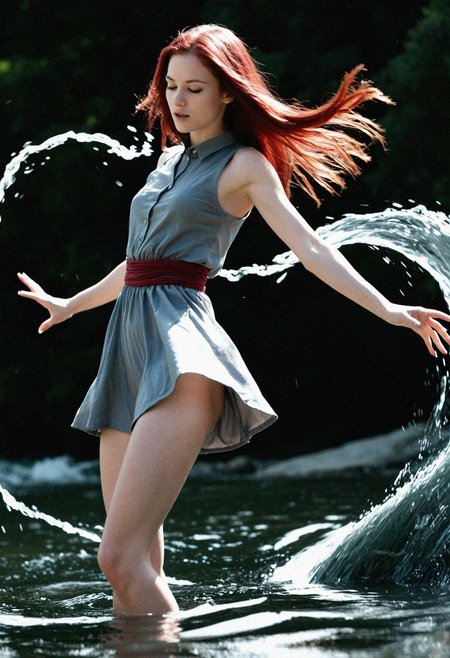 score_9_up, photo \(medium\), paid reward, photorealistic, realistic, , thin body, straight hair, deep red hair color, 1girl, 26yo woman, clothed, dynamic pose, waterbender, water swirling around her, clear water, transculcent water, river