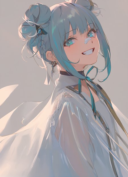 masterpiece,best quality,<lora:sd_xl_dpo_lora_v1-128dim:1>,1girl,solo,bandaid,smile,bandaid on face,looking at viewer,braid,double bun,earrings,bandaid on nose,ribbon,hair ornament,bandages,jewelry,upper body,aqua eyes,grin,long hair,see-through,hair bun,bangs,blush,blue eyes,from side,teeth,, ask \(askzy\),(masterpiece:1,2),best quality,blank background,Cinematic Lighting,<lora:jiuXL:1>,
