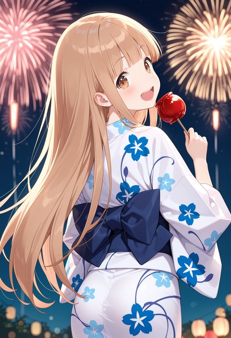 best quality, masterpiece, 1girl, aamiyano, long hair, brown hair, blunt bangs, brown eyes, <lora:miyano_(tanakeda)_ilxl_v1:0.9>, night, summer festival, outdoors, yukata, floral print, from behind, smile, laughing, fireworks, holding candy, candy apple, solo, looking back,