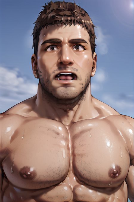 low angle, portrait, bust, mouth open surprised, male focus, bara, (large pectorals), muscular, shirtless, sweaty, nipples, brown eyes, short hair, brown hair, stubble, <lora:Kelvin_Sons_of_the_forest:0.85>  <lora:PerfectEyesXL:1>  <lora:dizdoodz:0.8>