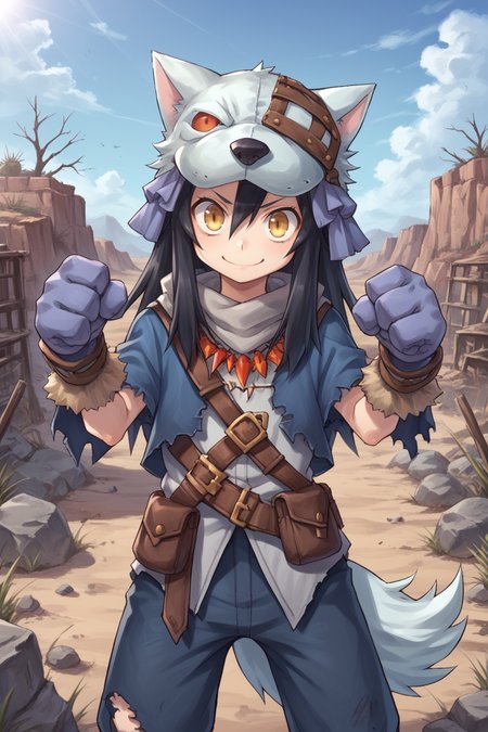 score_9, score_8_up, score_7_up, score_6_up, source_anime, BREAK, <lora:FlunkyPonyXL:0.75> , fludef, 1boy, black hair, long hair, yellow eyes, wolf hat, wolf hood, wolf pelt, wolf tail, grey scarf, bandana around neck, necklace, tooth necklace, fur trim, blue vest, torn clothes, paw gloves,  smile, closed mouth, looking at viewer, happy, scenery, exterior, wasteland, desert, shrubs, dead trees, (solo), <lora:backgroundsetXL:0.25> , background, village, wasteland, desert,  <lora:y0tt4:0.6> , y0tt4, cowboy shot, (dynamic pose, action pose),