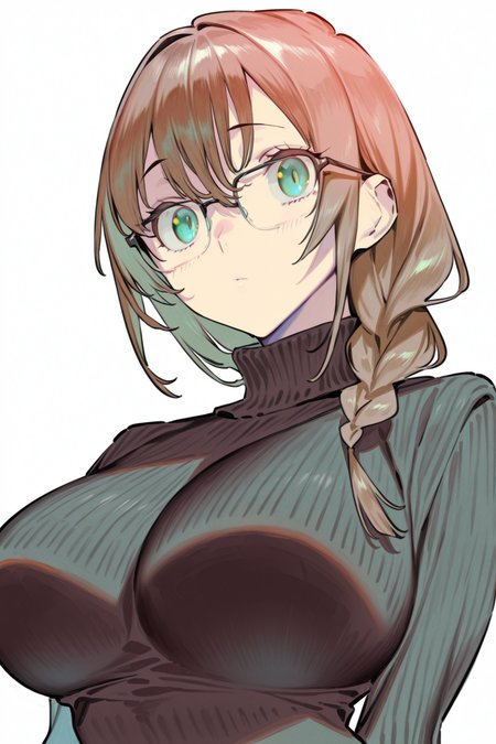 score_9. score_8_up, score_7_up, artist:(nonco)
simple background, 1girl, solo, looking at viewer
brown hair, single braid, green eyes, glasses, large breasts, black sweater, turtleneck, expressionless
 <lora:Nonco_Illustrious:0.8>