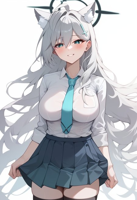 score_9,score_8_up,score_7_up,score_6_up,<lora:shiroko_terror_(blue_archive):1>,white_background, simple_background, pleated_skirt, solo, aqua_necktie, looking_at_viewer, 1girl, animal_ear_fluff, large_breasts, black_skirt, light_smile, school_uniform, highres, shiroko_terror_\(blue_archive\), absurdres, blush, shirt_tucked_in, white_shirt, shiroko_\(blue_archive\)_\(cosplay\)