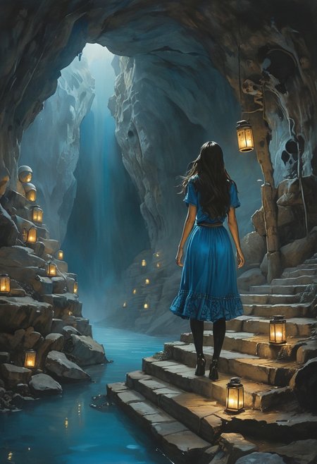 (water-colored), illustration, style of Jessica Galbreth,
(far view, far shot, rear view, facing away:1.3),
(Alice, very long dark brown hair,  hair rim lighting, hair in the wind, blue dress with short sleeves, black tights, black shoes:1.5), 
fog, dreamy, dream, walking,  lights,
(cave, water, totem, bones, skulls, catacombs, lanterns, going down the stairs:1.8)