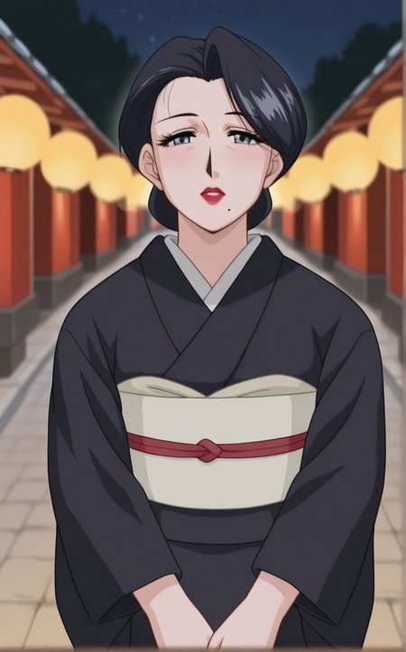 masterpiece, best quality, insaneres, absurdres,all four, full body, looking at viewer, outdoors, bokeh, negative space, <lora:ILLUSTXL_MistreatedBride_SumieTakayanagi_ownwaifu:1>, BREAK BlackKimono_SumieTakayanagi_ownwaifu, 1girl, black hair, black kimono, breasts, grey eyes, japanese clothes, lipstick, makeup, mature female, mole under mouth, red lips, short hair, single hair bun, eyelashes, sash, hair up, large breasts, lips, long sleeves, obi,