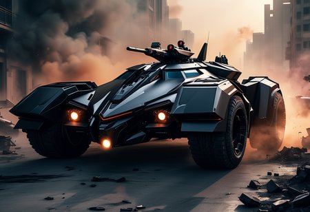 (medium full shot) of (high-tech medium jet-black futuristic armored car, batmobile style) with titanium-alloy armor, elegant design, diesel engine, EMP system, stealth panels, set in  a chaotic battlefield, with smoke rising from the ground, soldiers clashing, and the air filled with the sounds of battle, during a dawn operation, ,Masterpiece,best quality, raw photo, realistic, very aesthetic