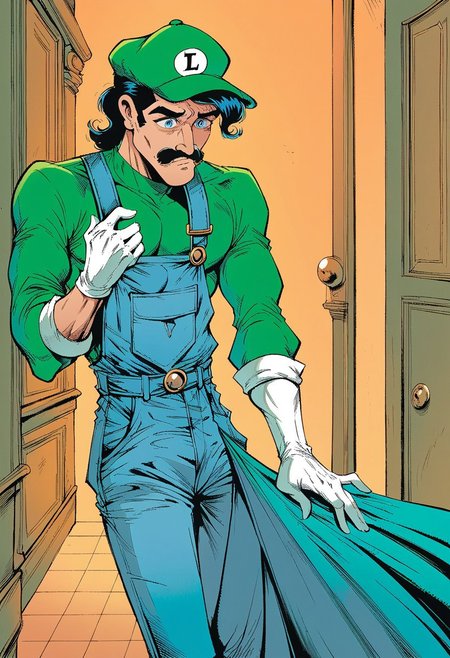 score_9, score_8_up, score_7_up, score_6_up,  1boy,solo,Luigi,44 years old, blue overalls, long sleeve green shirt, white gloves, tall, slim, skinny,, black mustache, blue eyes,large nose, long face, green hat,white gloves,
haunted mansion, hallway,worried facial expression,,up close,close up