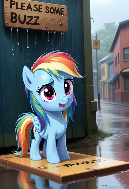 ((rainbow dash)), pony,pegasus, board,text, big board with text,("Please drop some buzz":1.4), outdoors, poor, wall, (wet fur:1.1),((sad)), (crying:1.5), street, by wall holding board on her hooves, (from above), low angle, 8k, ultra detailed, rain, close-up, (cartoon), cute