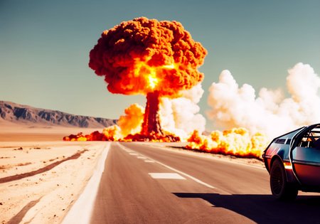DMC Delorean driving away from a nuclear explosion, (HyperNuke:1.2), nevada desert, time circuits activated, time machine, electricity, (cinemahelper:1.2)