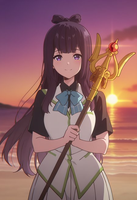 masterpiece, best quality, amazing quality, very aesthetic, absurdres,

1girl, solo, Beach Angels A, long hair, multicolored hair, gradient hair, black hair, purple hair, hair knot, purple eyes, 

school uniform, black shirt, white vest, short sleeves, blue bowtie, white skirt, pleated skirt, frilled skirt, 

looking at viewer, smile, 

Staff, holding staff,

At beach, sunset, sun ray, dof, 

anime coloring, 

kyoto animation,

