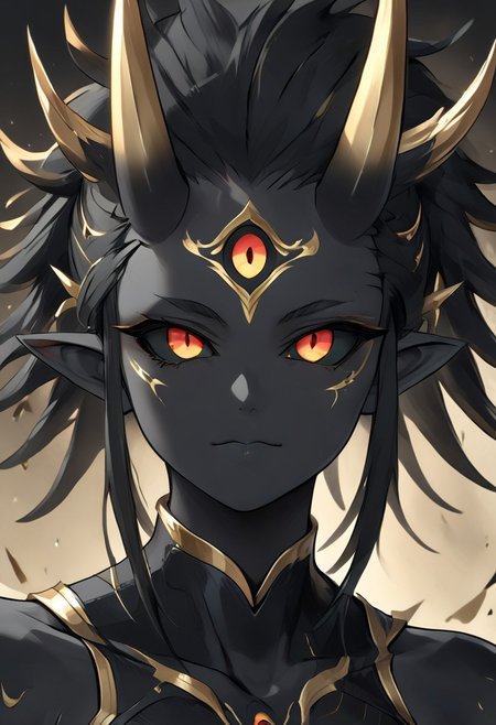 abstractzyrnox, abstract, abstract art, expressive eyes, perfect face, ((te'kharoth, third eye), tail, horns), spiky hair, messy hair, ponytail hair, thick hair, black hair, black sclera), 1girl, gold eyes, wings, BREAK, armor, facial line markings