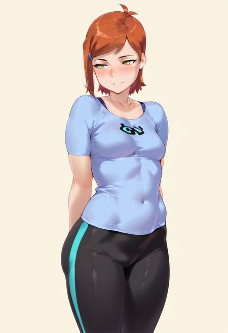 Un0 M4k0t0,
Gwen Tennyson (Ben 10)
1girls, small breasts, solo, green eyes,  standing, blush, simple background, arrogant smile, blue top, yoga pants,