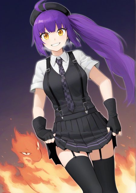 1girl, rino (sennen sensou aigis), by kodoto, ahoge, beret, black gloves, black legwear, breathing fire, checkered necktie, dutch angle, fire, gloves, hat, long hair, looking at viewer, necktie, partially fingerless gloves, pleated skirt, purple hair, salamander, side ponytail, skirt, skirt hold, smile, solo, suspender skirt, suspenders, yellow eyes, 
<lora:Yangmal_Jellyìë§ì ¤ë¦¬:1>