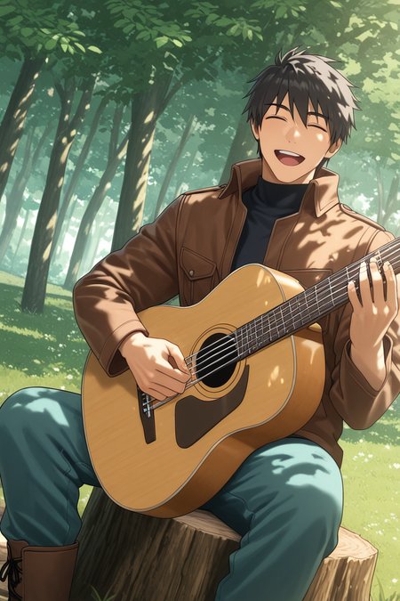 realistic shading, natural lighting, male focus, looking away, expressive face, closed eyes, doujouts, black_doujouts_male hair, 1boy, open mouth, smiling, singing, happy, shiny skin, playing guitar, sitting on wood stump, legs apart, suggestive, spring clothes, cosplay, brown leather jacket, pants, boots, sunray, shadow, tree shade, serene, day, dappled sunlight, tree, forest, grass, dutch angle, dynamic angle, intricately detailed illustration, depth of field, masterpiece, best quality, amazing quality, very aesthetic, absurdres, newest, anime screencap