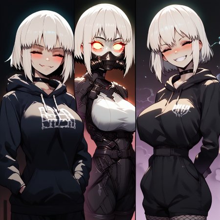 charturnerv2, score_9, score_8_up, score_7_up, source_anime BREAK 1girl, multiple views, before and after, leotard, looking at viewer, acidic splash dark background, uzaki tsuki, white hair, noodle short hair, closed eyes, standing, large breasts, perfect breasts, great cleavage, smile, blush, pasties, choker, hands in pockets, hoodie, 2koma, thighhighs, elbow gloves, reverse outfit, arms behind back, motherly side plait, ((tactical mask)), amazing design character, blazing hoodie, 3DMM, g0th1c, glowing, neon lights, glowing eyes, BSDBN, sinozick style