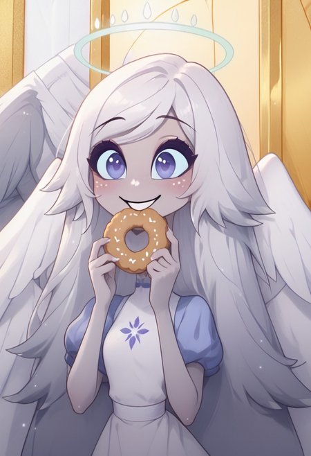 1female, score_9, score_8_up, score_7_up, source_anime, (best quality), (masterpiece), (extremely detailed), (finely detailed), (vivid colors), detailed face, beautiful detailed eyes, beautiful detailed shading), (high res), (lineart), beautiful and clear scenery, (soft colors), (beautiful detailed eyes:1.2), blush, BREAK, 1girl, alone, ((detalied body)), ((detalied face)), curvaceous body, thick thighs, BREAK, [1girl, Emily, angel, white hair, gray skin, angel wings, halo, (no nose:1.1) angel, angel wings, halo, cute, gray skin, heart shape cookies, looking at viewer, smile, eating cookie, kitchen background, soft shading, light blush, detailed, masterpiece
