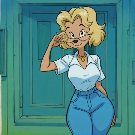<lora:misspennypacker_illustrious:1>, misspennypacker, misspennypacker, 1girl, solo, breasts, furry female, furry, animal nose, glasses, blonde hair, necklace, jewelry, short hair,  outside, wearing white t-shirt and blue jeans, retrostyle, 1990s \(style\), posing, looking at viewer, wide hips, (masterpiece), (best quality), (ultra-detailed), amazing quality, very aesthetic, illustration, perfect composition, intricate details, absurdres, incredibly absurdres,