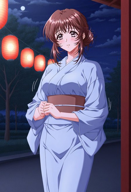 masterpiece, best quality, newest, highres, uncensored, 1girl, yokota mamoru style,1girl, slender face，motion lines,blush
Asaoka Chihiro,Brown Hair, Spiky Bangs, Waist Length Hair,Long Hair,Brown Eyes,Tareme Eyes, Slim,mature female
1girl, night, solo, lantern, sky, japanese clothes, kimono, cloud, night sky, single hair bun, hair bun, paper lantern, outdoors, tree, sidelocks, grey eyes, holding