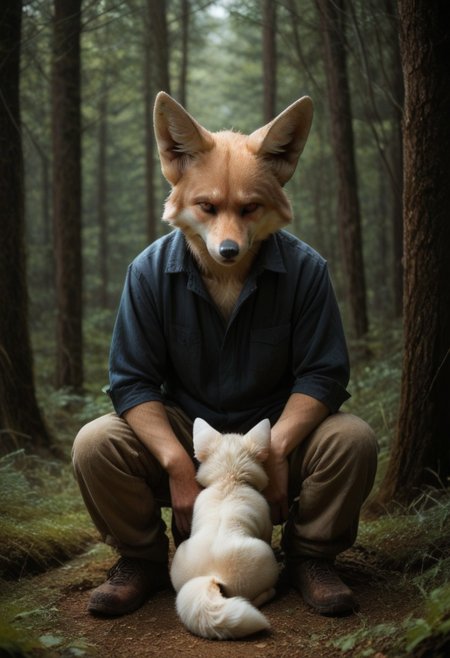 anthro, 1boy, fox, sitting, fallen tree, in a forest background, UHD, score_8_up, score_9