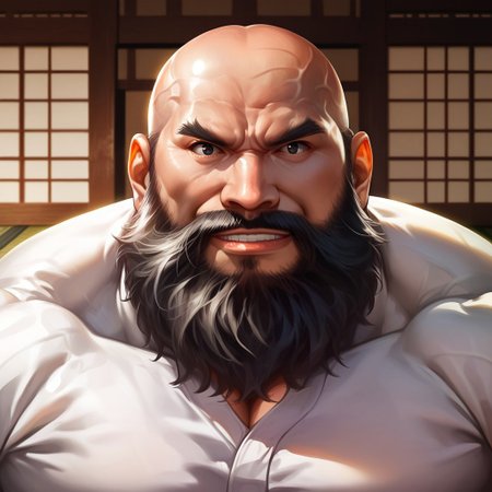 safe_pos, safe_pos, source_anime, detailed background, (score_9, score_8_up, score_7_up), zoroj, masterpiece, best quality, high quality, ultra detailed, highly detailed, high detail, artistic lighting, (highly detailed face, (perfect face, perfect eyes)), depth of field, perfect soft lighting, best shadows, perfect reflections, volumetric, detailed image, high resolution, defined faces, sharp definition,

solo, 1boy, male focus, bald, black eyes, black hair, facial hair, ((long beard)), ((white shirt)), musclebears, muscular male, hyper muscles, bara, veiny muscles, large male,

dojo, tatami mat, large male dom, dynamic poses, various poses, looking at viewer, ((((face shot)))), smile,