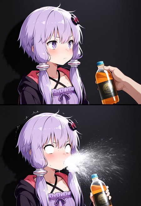masterpiece, best quality, amazing quality,
 ADDCOMM 
2koma, 
 ADDBASE 
1girl, yuzuki yukari, looking away, reaching palm, 
disembodied hand holding bottle, 
ADDROW 
1girl,  blank eyes, yuzuki yukari, holding bottle, 
   <lora:SpitTake:1> spit take, spitting water,