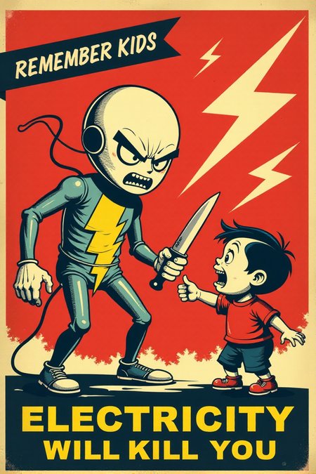 Generate an image in the style of a vintage 1950s public service announcement or propaganda poster. The image should be a warning sign with a dark humor theme. Depict a menacing, personified electricity bolt character holding a knife and pointed at a terrified cartoon child. Include the text "REMEMBER KIDS" and "ELECTRICITY WILL KILL YOU".  Use a bold, vintage font, a red, white, and black color scheme, lightning bolt symbols and a grainy texture. Keywords: vintage cartoon, propaganda poster, 1950s, public service announcement, warning, electricity, danger, funny, dark humor, retro  <lora:REMEs_War_Poster_Style:0.9> In REME's War Poster Style,âââ