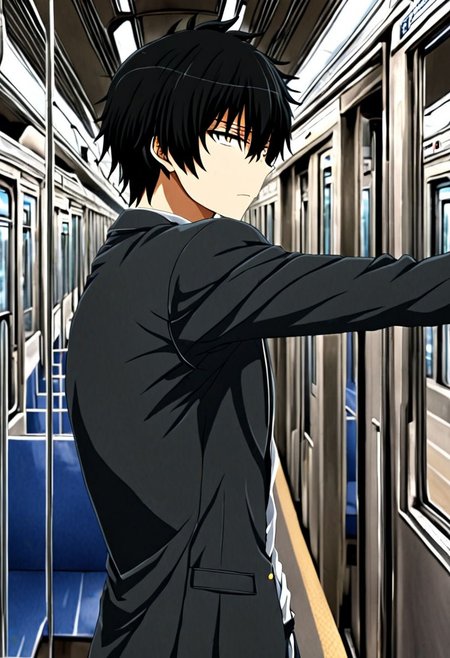 high resolution, solo, best quality, 1Boy, Seiya Kanie, black hair, short hair, thin, train, inside train, OverallDetail