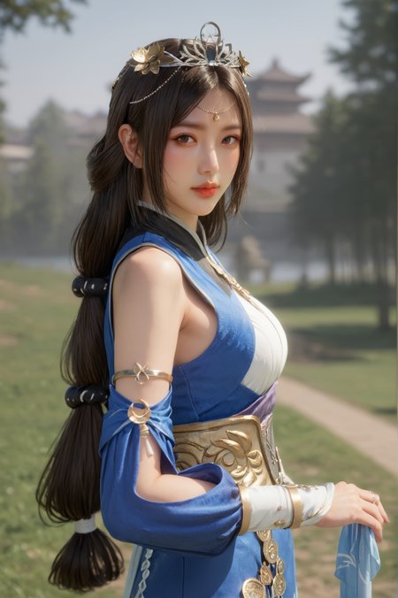 score_9, score_8_up, score_7_up, 1girl, solo, looking at viewer, half body shot, Pretending to push an invisible object, <lora:Cai_Wenji_Dynasty_Warriors:0.8> long hair, brown hair, brown eyes, jewelry, hair ornament, tiara, dress, detached sleeves, pantyhose, outdoors, blurry, depth of field