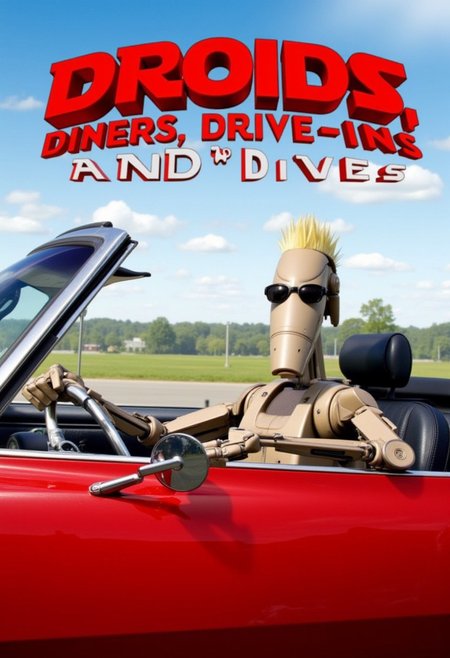 "A battle droid driving a red 1968 Chevy Camaro SS convertible, looking directly at the viewer with spiky bleached-blonde hair like Guy Fieri’s, and wearing dark sunglasses. The title 'Droids, Diners, Drive-Ins and Dives' is displayed prominently in bold, 3D red letters.