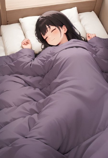 1girl, black hair, long hair, happy, light smile, 
futon, pillow, closed eyes, bed, sleeping, lying, under covers, blanket, 
masterpiece, best quality, ultra-detailed, illustration,
<lora:kakebuton_SDXL_V1:0.8>