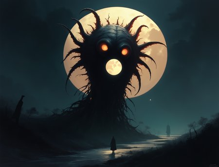 score_9, score_8_up, score_7_up, score_6_up, score_5_up, score_4_up, monster creature silhouette, moon light, backlight, overcast  <lora:ponys-dream:.9>