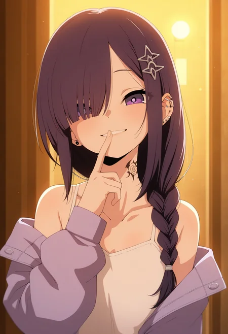 masterpiece,best quality,amazing quality,
solo, braid, purple eyes, 1girl, tattoo, hair over one eye, smile, long hair, looking at viewer, upper body, off shoulder, single braid, jacket, hair over shoulder, piercing, long sleeves, bangs, bare shoulders, collarbone, ear piercing, hair ornament, neck tattoo, hand up, finger to mouth, parted lips,
 <lora:Felipe Godoy_epoch_7:1>