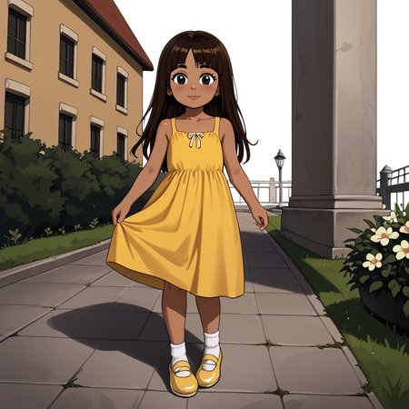 outside,   <lora:Emmie Molly:1> emmie, 1girl, female child, solo, brown hair, dark-skinned female, black eyes, long hair, dress, yellow dress, shoes, socks, full body