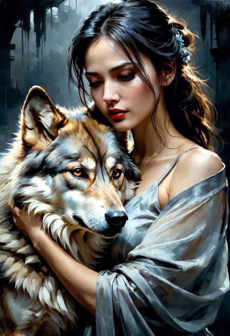 Deeply emotional Beautiful woman embracing her dog wolf companion. Dark background. Emotional. Dynamic angle.  Open eyes. Detailed fur.   By Jeremy Mann, by Stephen Grammell,  futurism, modern sci-fi painting]  by Aykut Aydodu, highly detailed, extremely detailed, delicate detail, crisp quality, ultra realistic, hyperrealistic, dark art by james jean, takato yamamoto,, unreal engine, greg rutkowski, loish, rhads, beeple, makoto shinkai and lois van baarle, ilya kuvshinov, rossdraws, tom bagshaw, alphonse mucha, global illumination, detailed and intricate environment