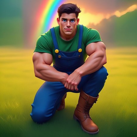 trbbubby, bubbyhero, tbrbubbyhero, "Illustration of a young muscular man kneeling on one knee, resting his forearm on his thigh while looking directly at the viewer. He wears a snug green t-shirt, blue overalls with yellow buttons, and brown boots. His muscular chest and arms are prominent, his powerful legs firmly positioned. His dark brown hair is styled casually, his blue eyes focused, and his strong jawline and big chin give him a heroic presence. The background consists of a bright meadow with a rainbow arching across the sky. His boots are slightly dusty from kneeling on the grass. The lighting is natural, casting soft shadows that enhance his muscular frame. His expression is calm and observant, creating a thoughtful yet confident aura. The perspective is slightly tilted, emphasizing his strong build while maintaining an engaging and dynamic composition."