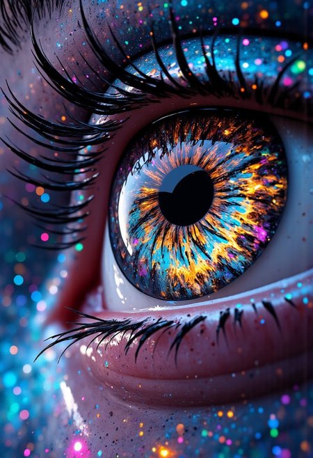 A hyper-detailed close-up of a female eye, her iris a mesmerizing kaleidoscope of ral-opal fractals glowing with vibrant hues of turquoise, magenta, and fiery gold. The intricate opal patterns inside the iris appear alive, spiraling outward in infinite, shifting fractal designs that radiate soft, glowing light. Tiny opal shards seem to float within the iris, refracting rainbow colors like microscopic prisms. The pupil is a perfect black void, edged with a shimmering ring of opal light that pulses gently, as though connected to the infinite energy within.The surrounding sclera has faint veins that glow softly in neon pink and blue, complementing the opal patterns inside the iris. Reflected in the glossy surface of the eye is a surreal, abstract worldâa swirling vortex of glowing opal clouds and fractal geometry that stretches endlessly into the distance. The eyelids, captured in soft focus, are dusted with iridescent opal makeup, their textures glowing faintly as they echo the vibrant colors of the iris. The entire scene feels alive, a fusion of surreal beauty and cosmic energy, with the eye locking onto the viewer as if it sees into another dimension, pulling them into its infinite opal dreamscape.
<lora:ral-opal-flux_000004000:1>