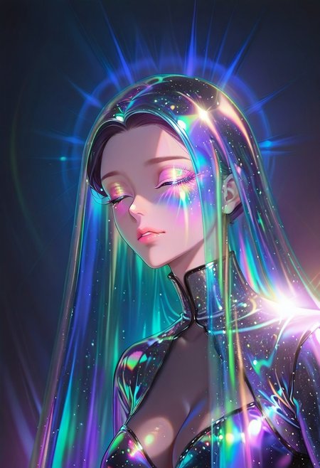 1girl, solo, portrait, holographic iridescent veil that flows around the figure, iridescent highlights, glowing details:, light makeup, glitter over the face, dark detailed clothing, form-fitting clothing, dramatic lighting, iridescent light illuminating the figure, vivid colors, emotional atmosphere, close up,  textural_art, AR71B, fluorescent, AR71A, iridescent aesthetic