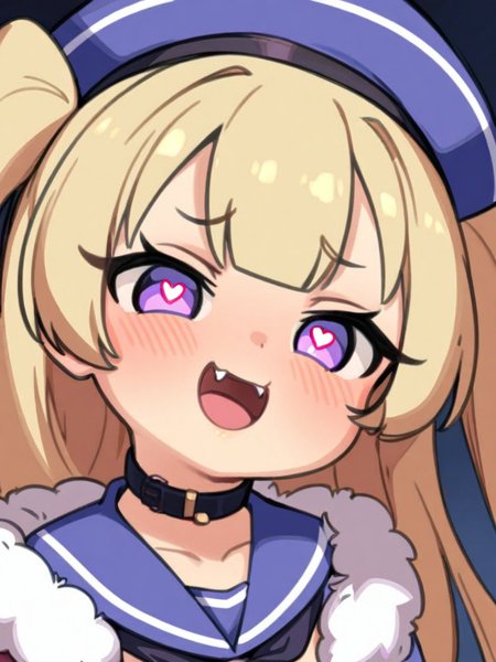 masterpiece, best quality, <lora:style578-a31-000020:1>,1girl, solo, blonde hair, purple eyes, sailor collar, looking at viewer, long hair, smile, open mouth, bangs, symbol-shaped pupils, :d, meme, hat, collar, two side up, heart-shaped pupils, choker, portrait, heart, fang, fur trim, parody