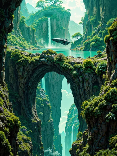 ultra-high-resolution cinematic film still, highest aesthetic quality, ultra-detailed, hyper-realistic, uhd, 8k, 4k,science fiction, a colossal jungle basin carved into the surface of an alien world, dense with lush, otherworldly vegetation and ancient cliffs draped in green and violet mosses, massive tropical trees rise from the valley floor like cathedral pillars, their canopies tangled with bioluminescent vines, the surrounding jungle pulses with life and mystery. in the center of the basin, gravity has fracturedthe landscape twists impossibly as water from a narrow river flows upward in an elegant spiral, forming a floating lake suspended mid-air above the basin, its shimmering surface reflecting the stormy sky above, other patches of water hover in jagged streams and orbs around the cliffs, suggesting a powerful gravitational anomaly at work. an advanced research vessel hovers just above the basins rim, lights scanning the terrain below, its sleek, high-tech hull glinting in the ambient mist, antennae and stabilizers adjust constantly to the unstable gravity field, small drones orbit the area, collecting data on the bizarre environment, the ship is dwarfed by the monumental scale of the anomaly. a wide birds-eye view of the basin from above and slightly behind the research vessel, emphasizing the scale of the basin and the strange floating lake at its center, creating a sense of depth and wonder. rembrandt style lighting and soft atmospheric scattering illuminate the storm-laden sky with god rays piercing the jungle canopy, casting dramatic shadows across the terrain, mist and light interact to add a layered, mystical quality. shot in ultra-high resolution on 70mm film with a medium format digital back simulation, hyper-detailed lens rendering and subtle bloom effects, rich greens and blues dominate the color palette, accented by flashes of cyan and purple light from the gravitational field, ovg, artilands02, <lora:style-fantastic_landscapes-v2-flux-by_artifyai:0.84> <lora:sinfully_stylish-dramatic_lighting-v1.0-flux-by_exuberantconsent:0.8>